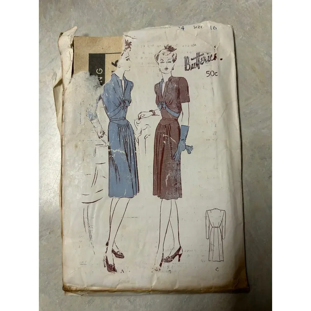 Vintage 1943‎ Butterick Pattern #2716 Misses One Piece Frock Dress Size 16 HTF